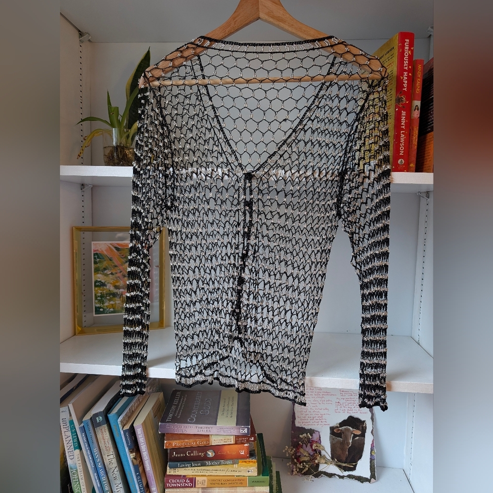 Mesh Net Cardigan Sheer Knit Black and Silver Beaded Small Festival Boho Rave - Picture 8 of 8